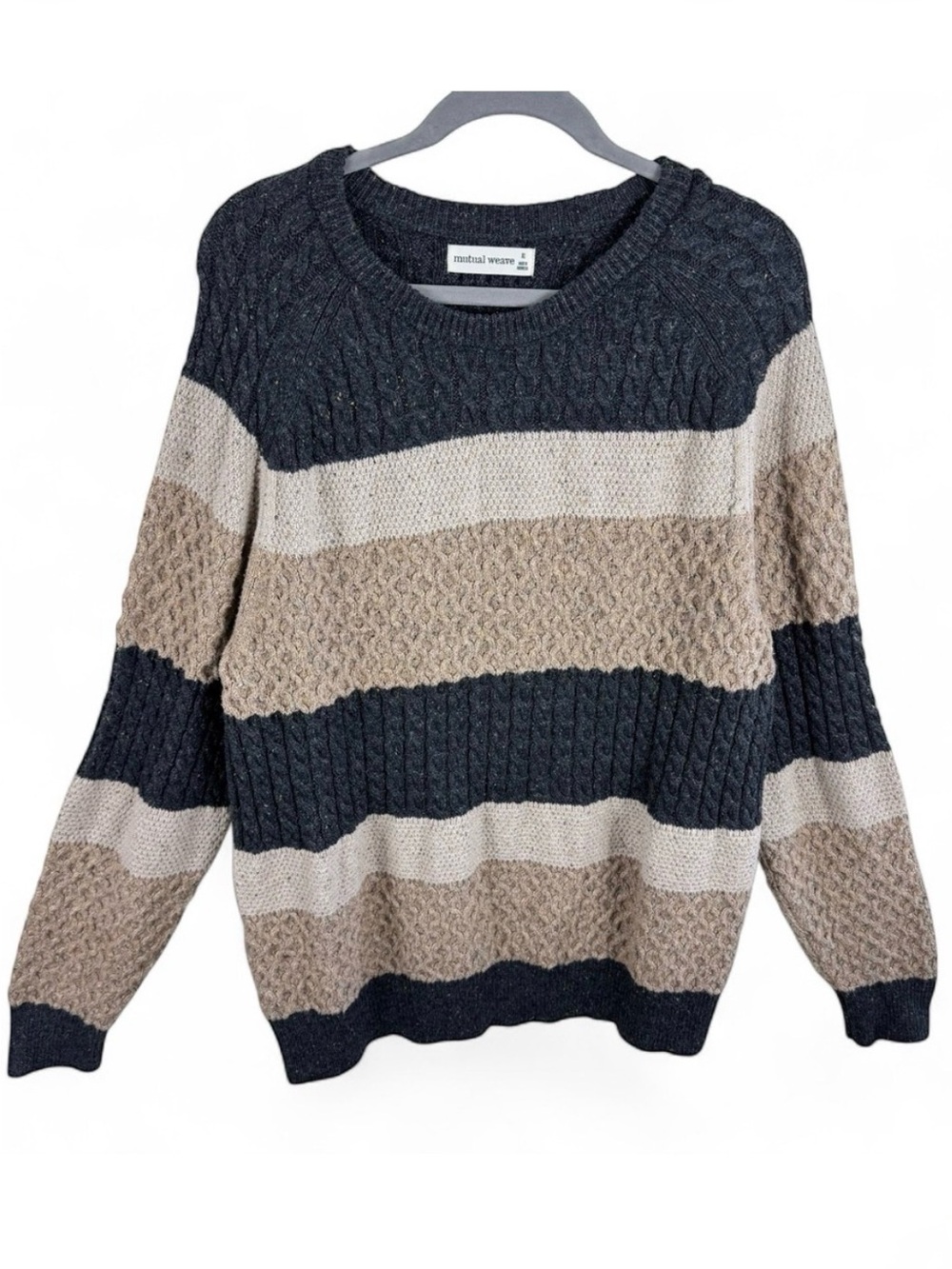 Mutual Weave Mens XL Striped Cable Knit Crewneck Sweater Grey Tan Cotton Blend